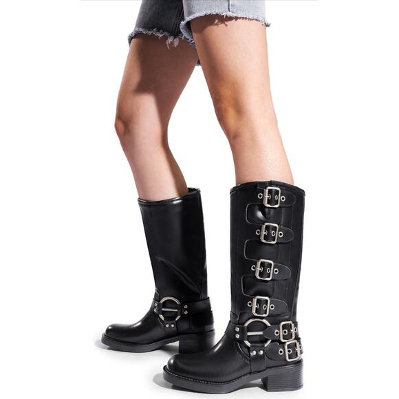 NWT Black DREAM PAIRS Knee High Side Zipper Motorcycle Boots Silver Buckle SZ 7 - Picture 2 of 12